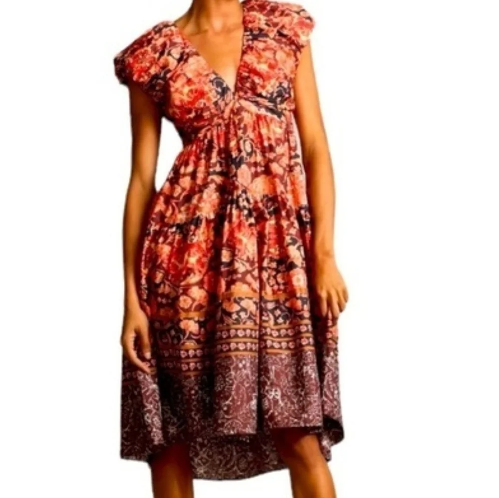 By Anthropologie Cotton Floral babydoll Midi dress Deep V Flora